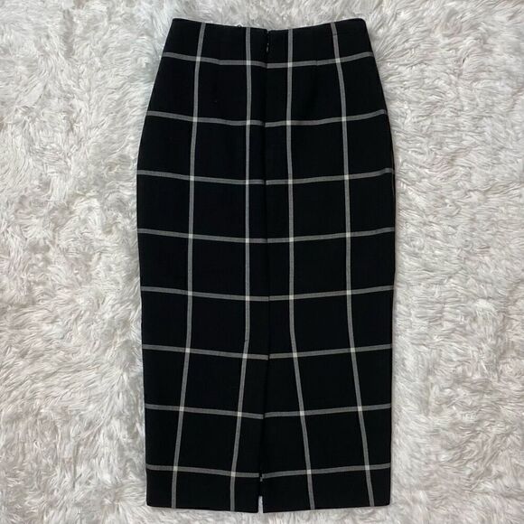 Lechateau Pencil Skirt Black White Checkered Midi Size 00 XS Lined Slit Career O - Picture 11 of 12
